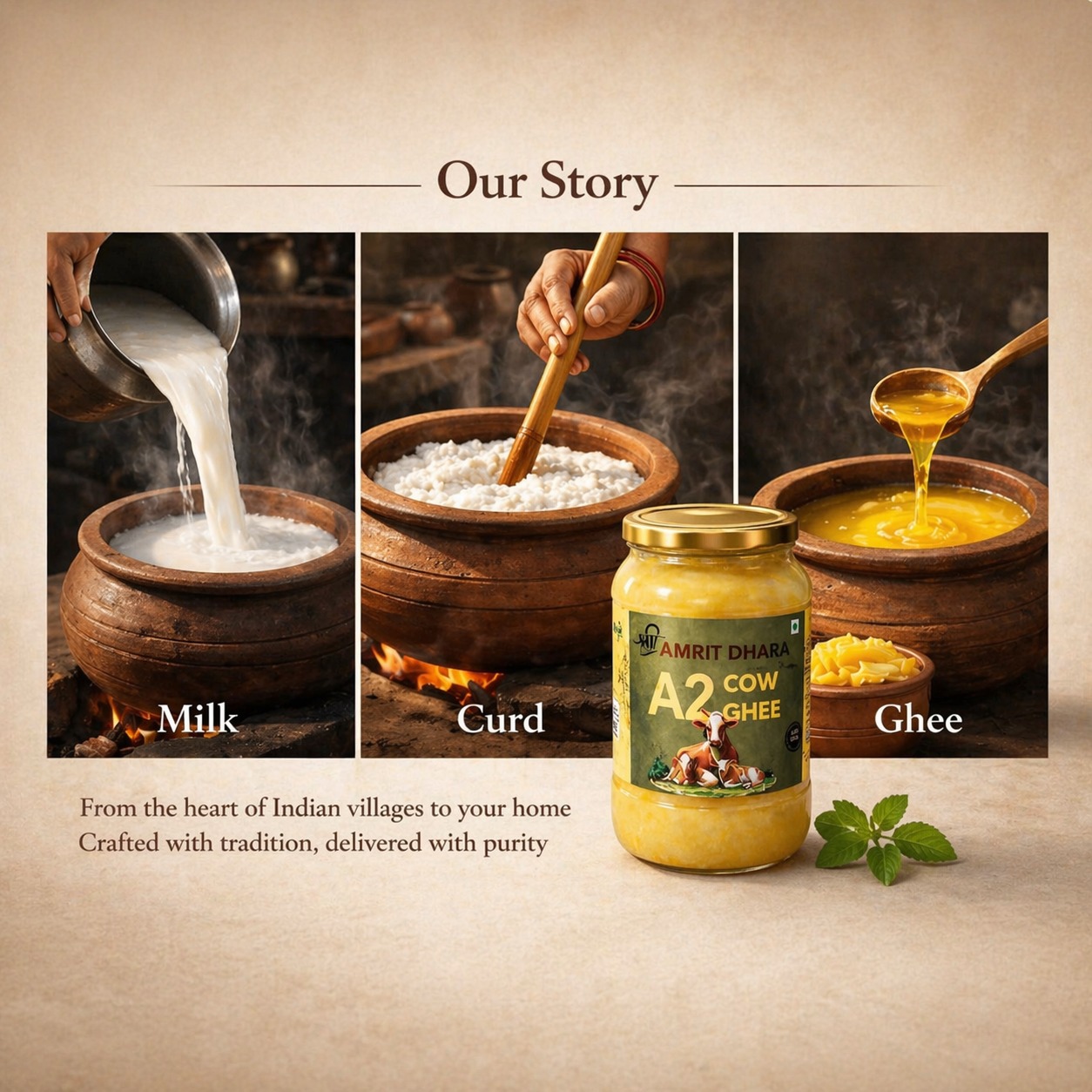Traditional bilona ghee-making process — curd being churned with wooden bilona